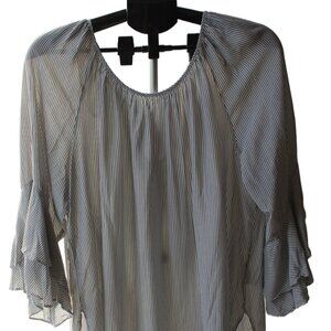 XL Ruffled Sleeves, Tie Back, Peasant Blouse.  Grey and White Striped